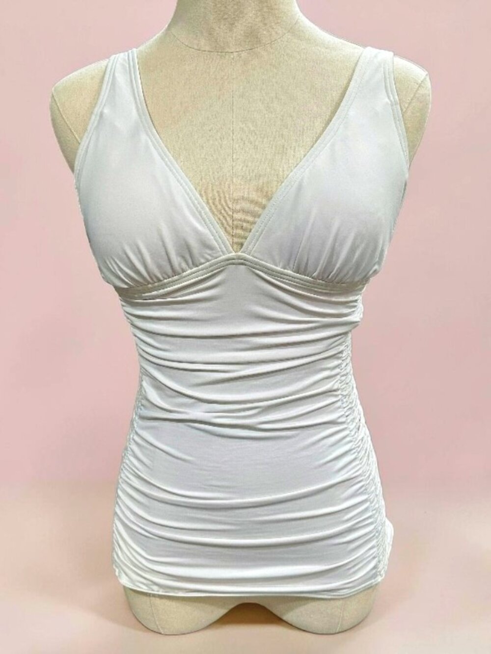 Captiva White Ruched Tankini Swim Top Medium V Neck Stretch Resort Y2K-inspired